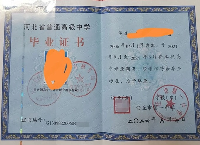 南江任丘市第一中学高中毕业证样本图片